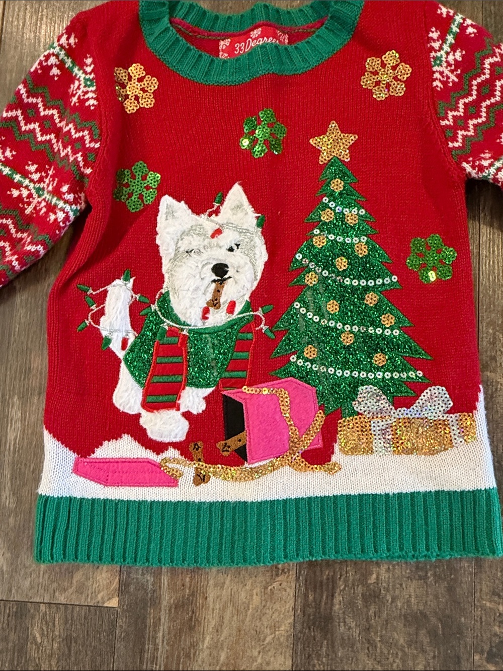 32 Degrees Red Holiday Sweater with White Dog and Green Tree - Picture 5 of 8